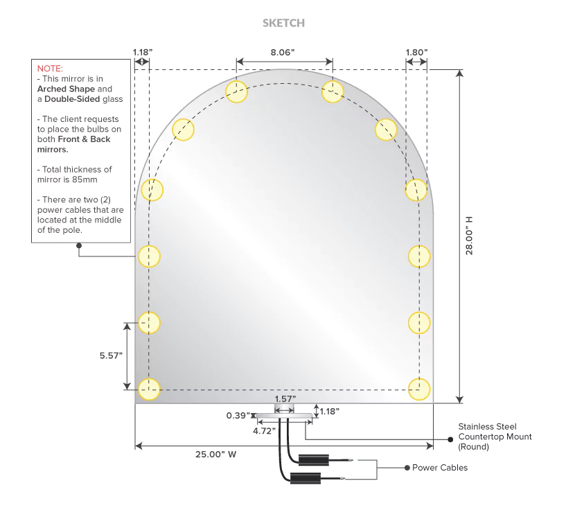Grand Mirrors Lux with mosaic siesta frame with measurements on a white background in Kuwait.