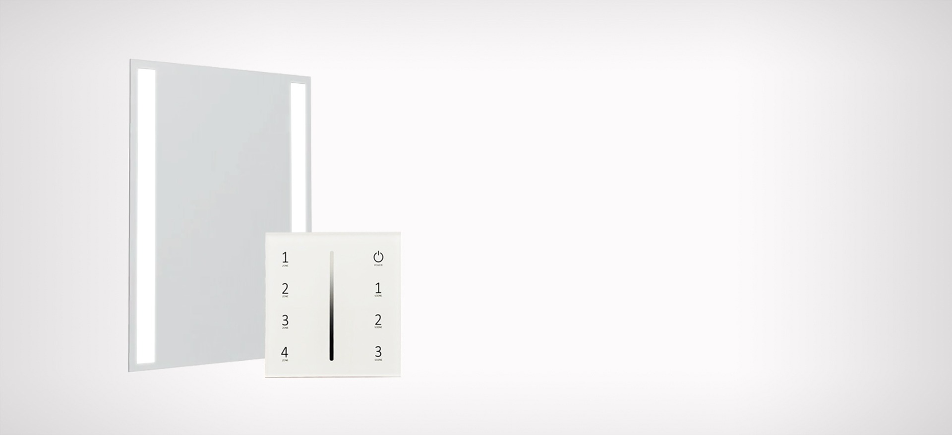 Illuminated lux mirror with light control remote in a white setting from Abu Dhabi.