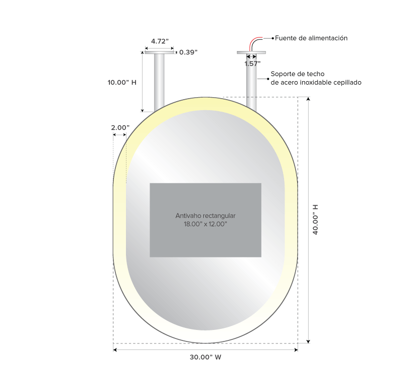 Dimensions of an oval-shaped ceiling mount lighted mirror with a rectangular defogger.