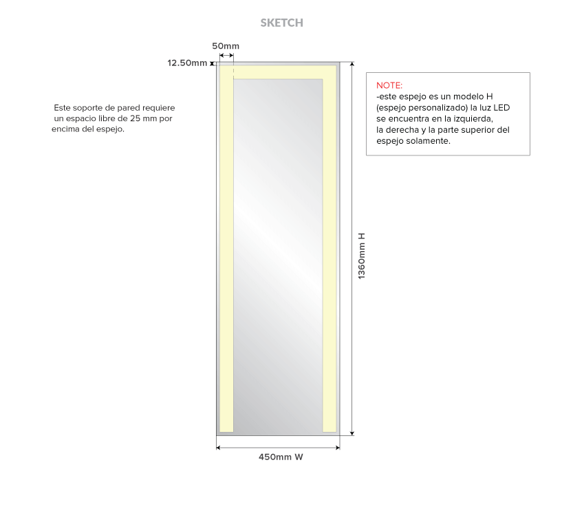 Custom light-framed mirror with its dimensions.