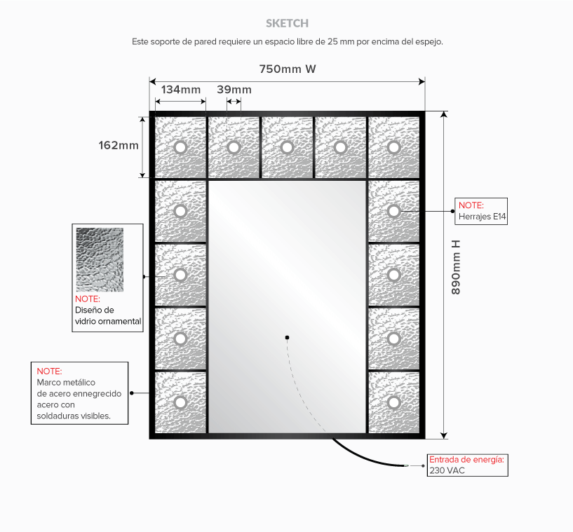 Drawing of ornamental glass design with a blackened metal frame and its dimensions.