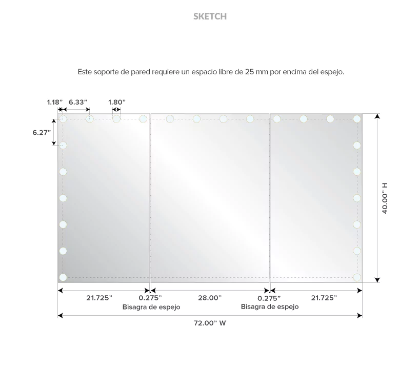 Detailed drawing of a trifold lighted mirror with its dimensions.