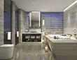 Mini of a bathroom in Qatar with a gray tile finish, a sink, a tub, and a frameless backlit mirror.