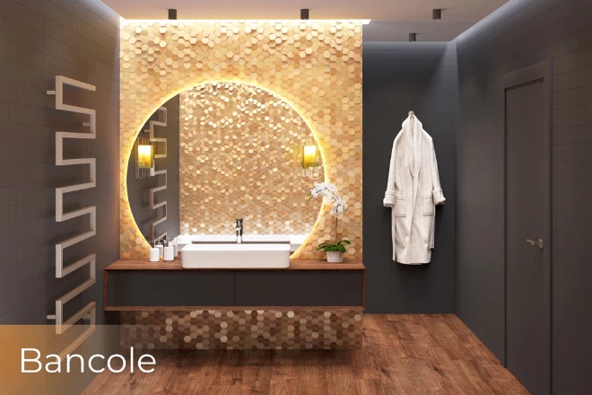On a golden mosaic wall is a bancole light in a circular backlit mirror with led lights from Dubai.