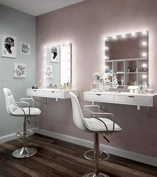 Preview of two counter-bar white chairs with Hollywood mirrors set above a floating cabinet.