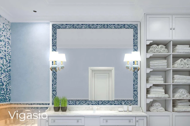 Sharjah blue mosaic wall in a bathroom featuring a vigasio in a led mirror lamp.