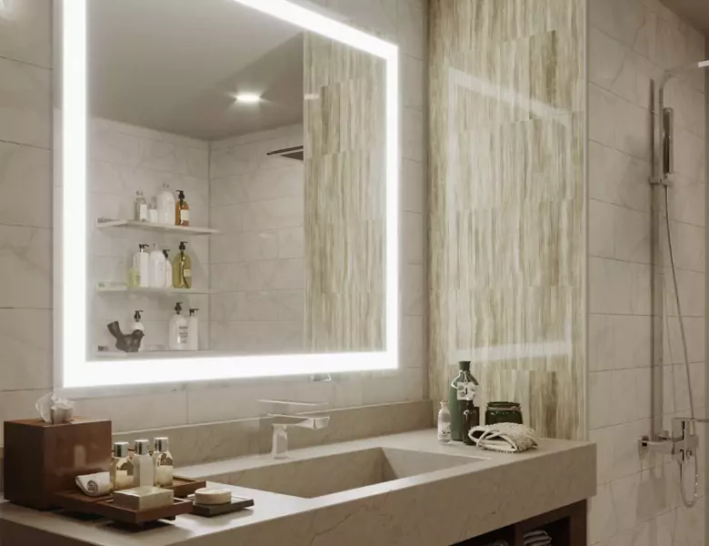 Modern bathroom with a hotel magnifying mirror and beige marble countertop in Bahrain.