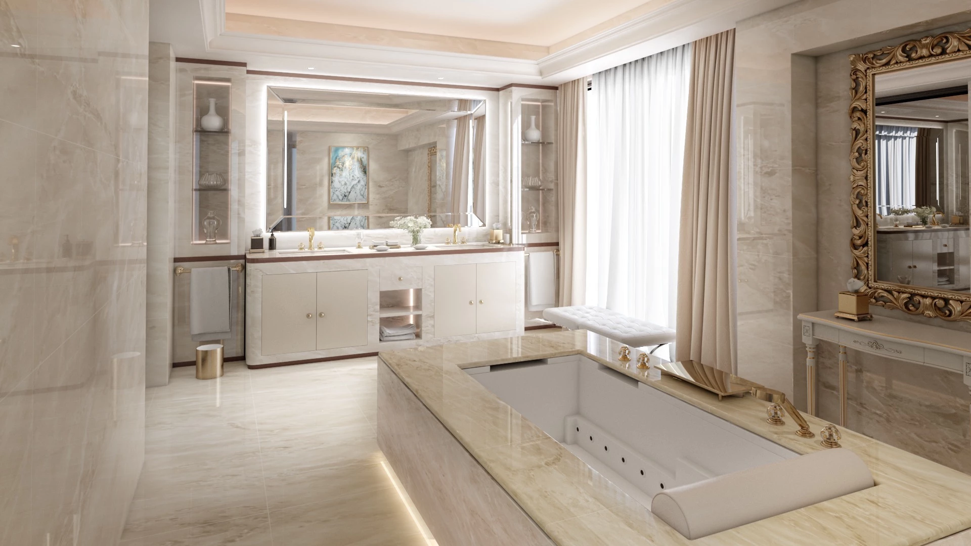A glam bathroom with a large glass window and a white bathtub with a best lighted mirror from Oman.