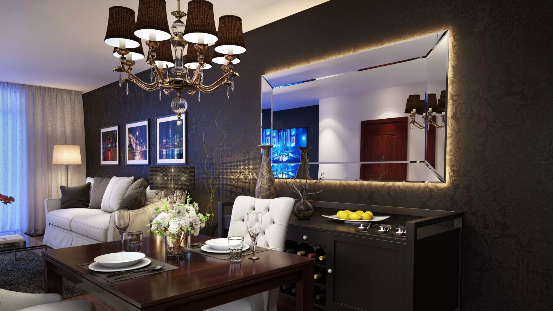 A chic dining table, cozy chairs, and frameless backlit mirror adorn this cozy living area in Oman.