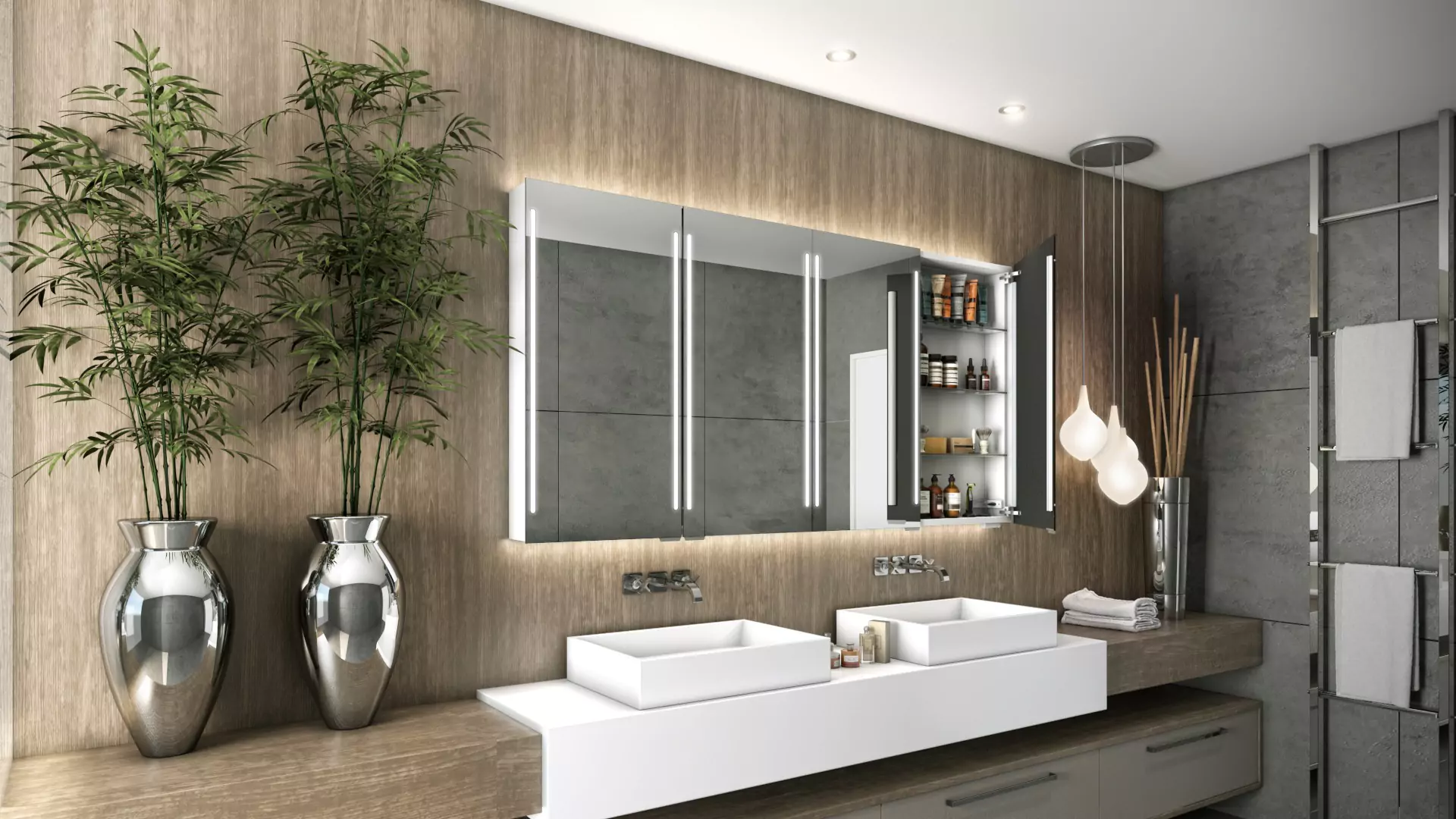 Bathroom with a cabinet mirror above with toiletries and plants on the left from Oman.