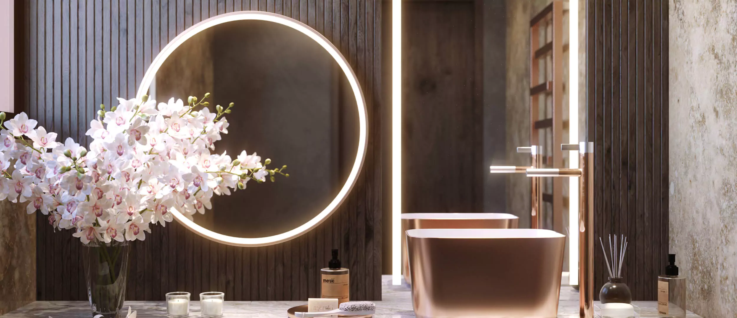 Oman evervue lighted mirrors mounted on a wooden paneled wall above a gold washbowl and an orchid.