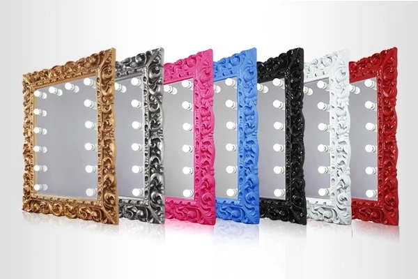 Grand Mirrors Baroque different frame colors with light bulbs displayed on a white setting in Oman.