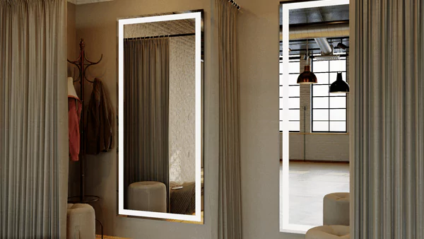 Compact of two fitting rooms with large custom lighted mirrors and brown cotton curtains in Oman.