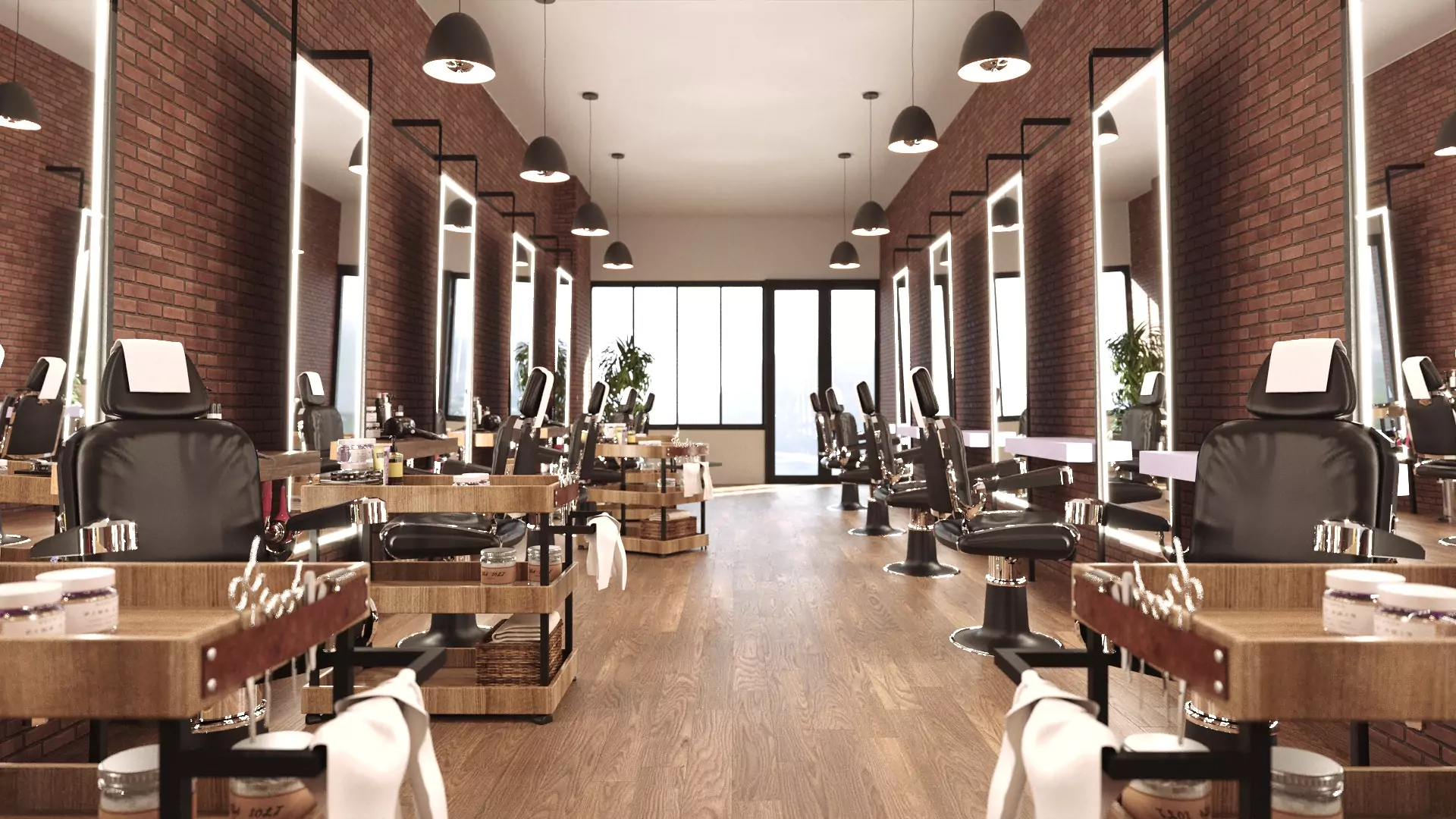 Cozy salon with wall mounted light framed mirrors, chic chairs, and pendant lamps from Oman.