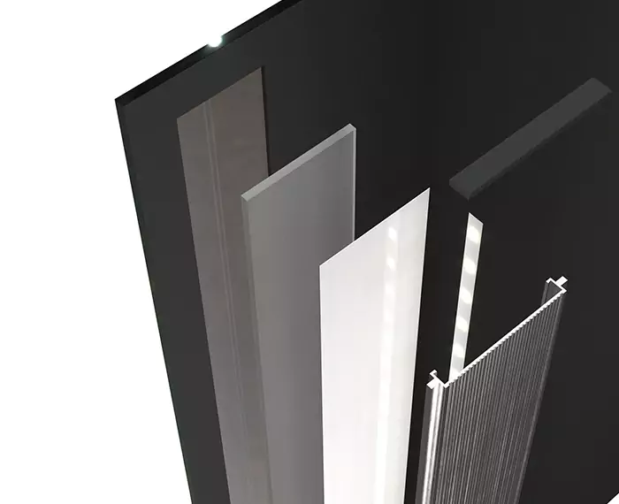 Oman energy efficient mirror showing the LED lights layers with a reflector that directs the lights.