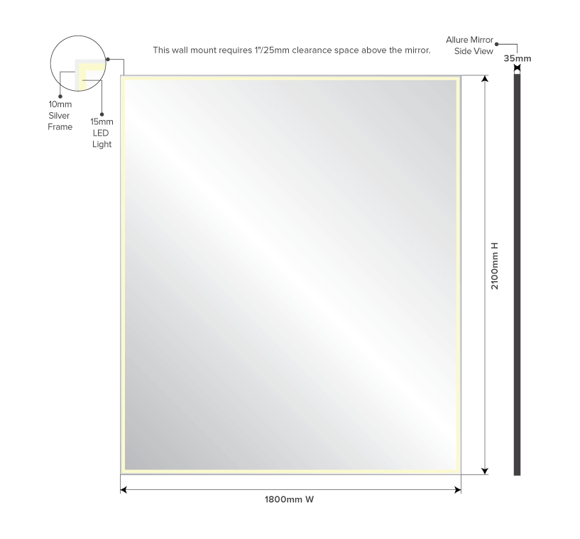 Mediterranean sardinia framed bespoke lighted mirror with measurements on white setting in Oman.