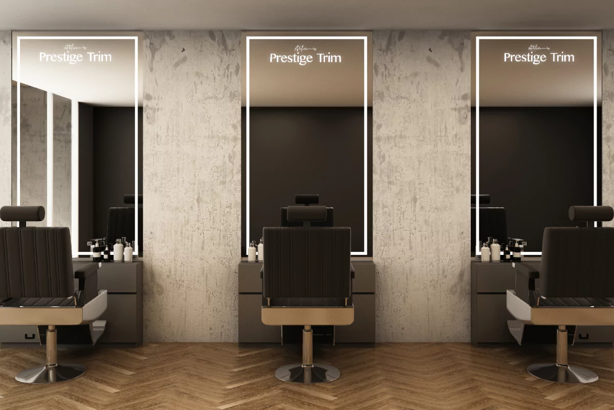 A three led for mirror logo that glows, built into a wall in a classy salon from Oman.