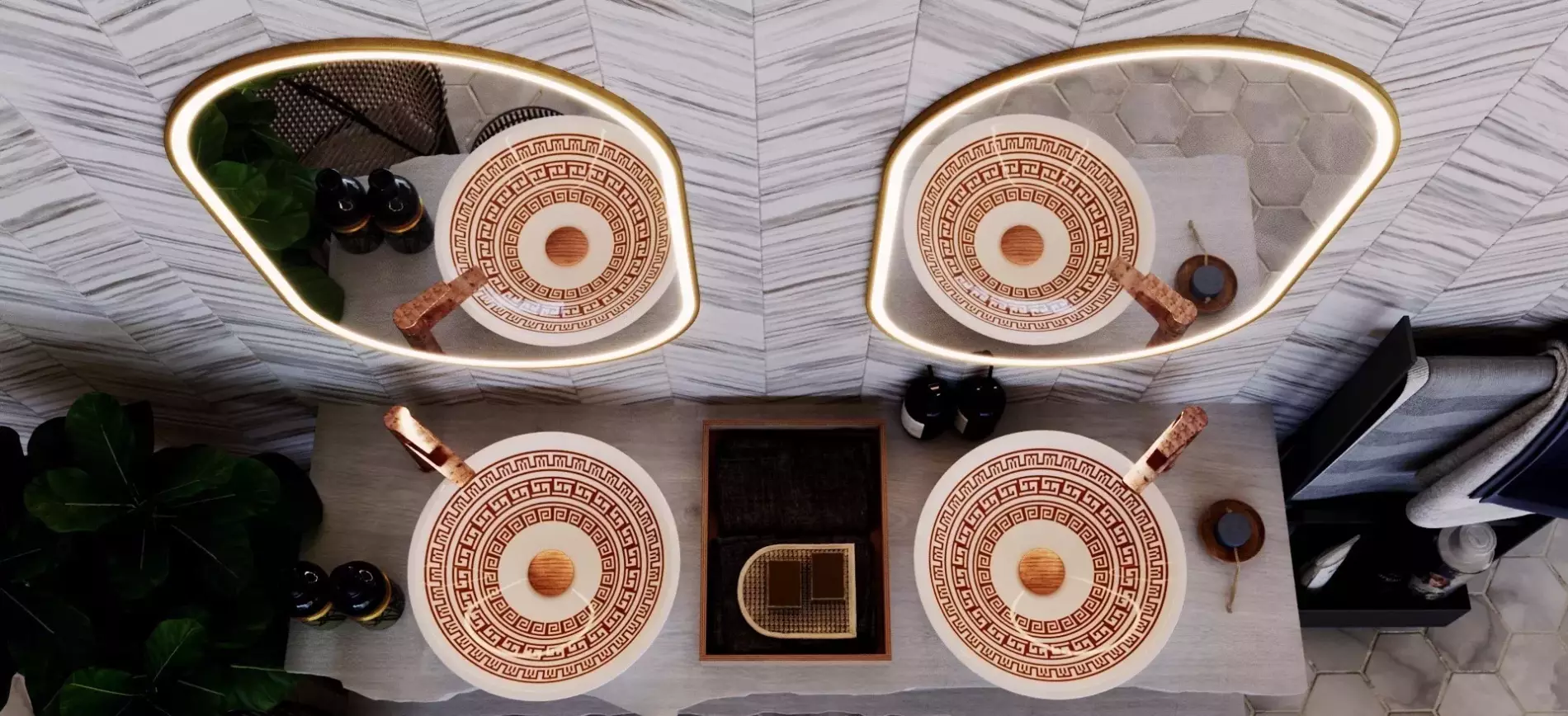 Top down view of a stylish dual basin with two illuminated circular mirrors in a restroom in Ajman.