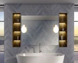 Thumbnail of Ajman wooden shelf above a white tub, with palidano lamp on each side of vanity mirror.