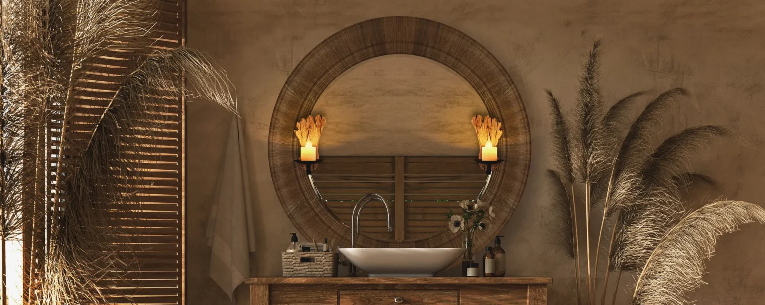 A wooden perfect fit mirror with lights above a washbasin and a basket with toiletries from Al Ain.