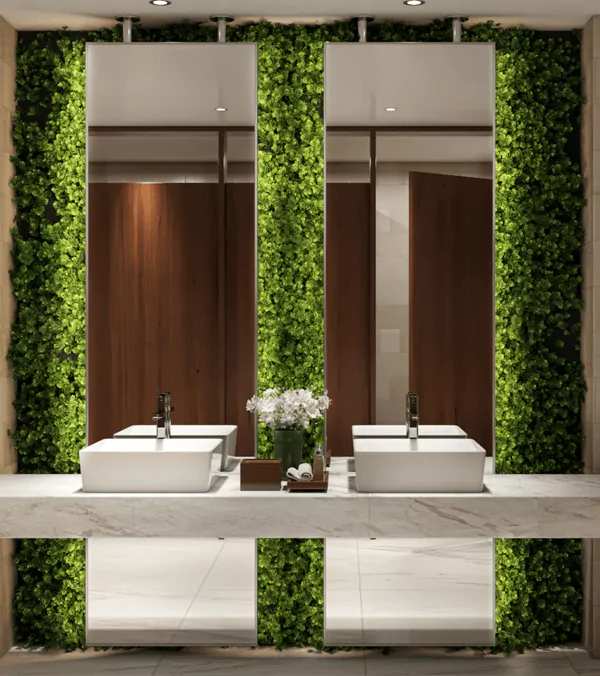 Dubai two Grand Mirrors hung from the ceiling in an expansive bathroom with an elegant dual vanity.