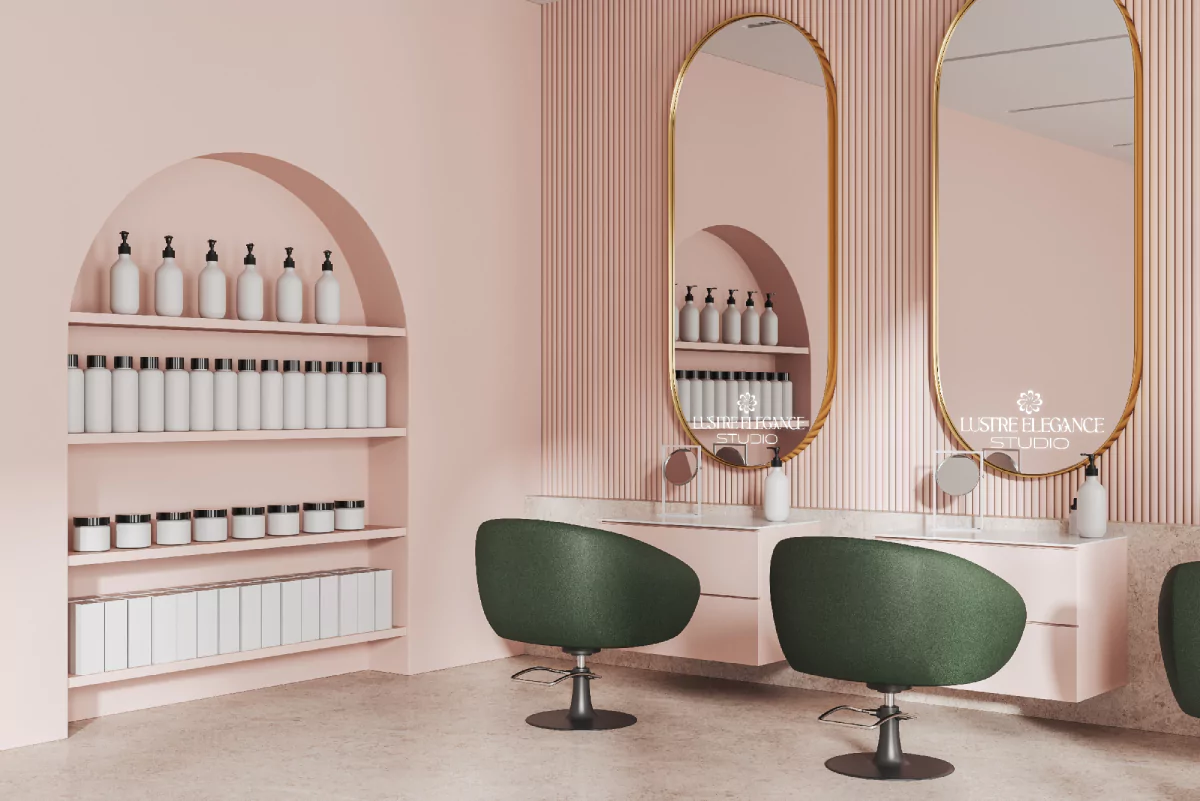 An oval mirror with led light mounted on a wall and shelves filled with white bottles from Qatar.