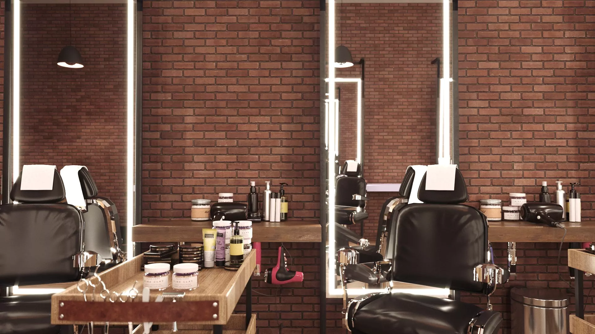 Qatar barbershop with comfy seats, makeup, and inset illuminated mirrors set on a red brick wall.