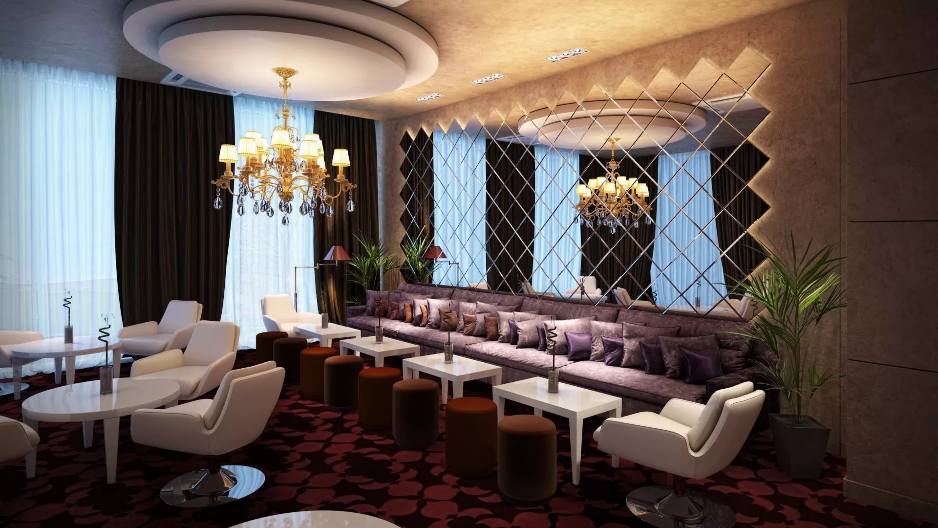A wall lighted mirror with square tiles and a chandelier accent the modern lounge area from Qatar.