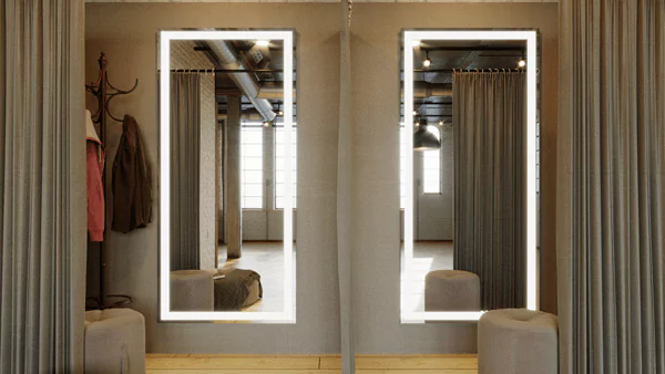 Two fitting room with brown cotton curtains, sofa stools and rectangular lighted mirrors in Qatar.