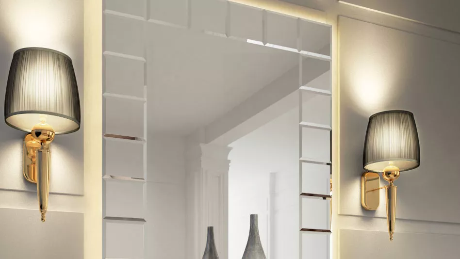 Square framed lighted mirror with two modern wall mount lamp shades on either side from Qatar.