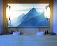 Al Ain wooden wall above a pair of white sinks, a little rectangular led mirror with a carraia lamp.