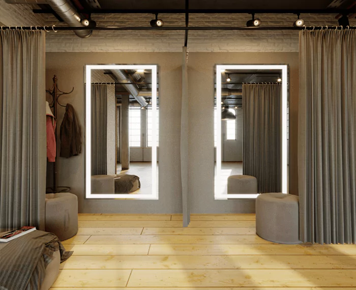 Dressing room with brown cotton curtains and rectangular Evervue lighted mirrors in Kuwait.