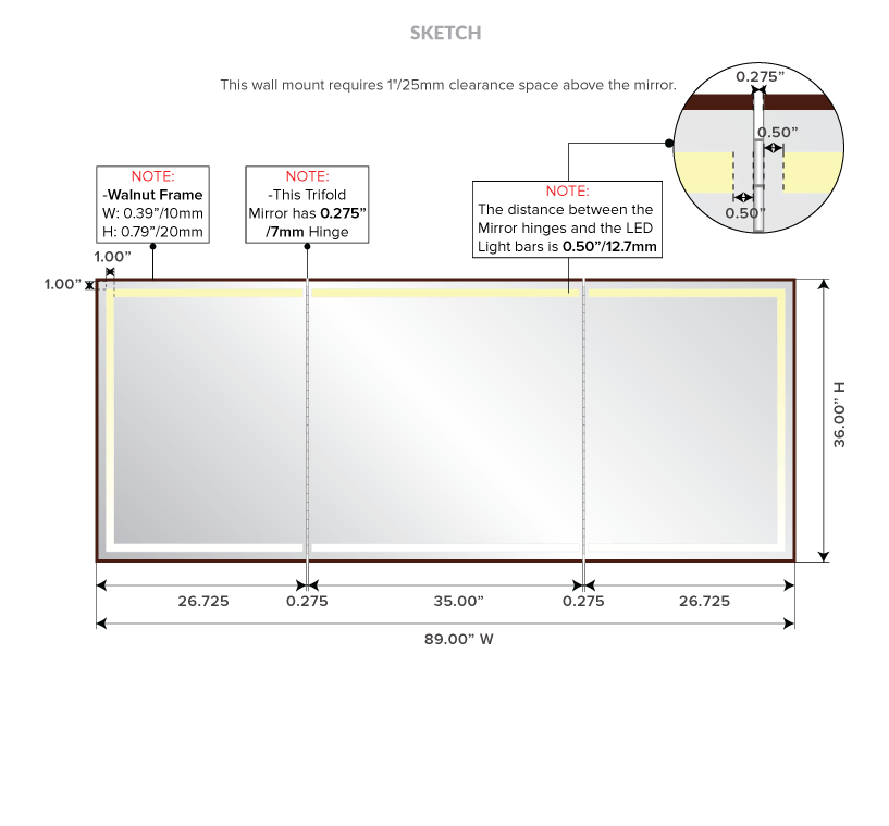 Vanity mirror with seventy seven inches width and two hundred seventy six inches height in Oman.