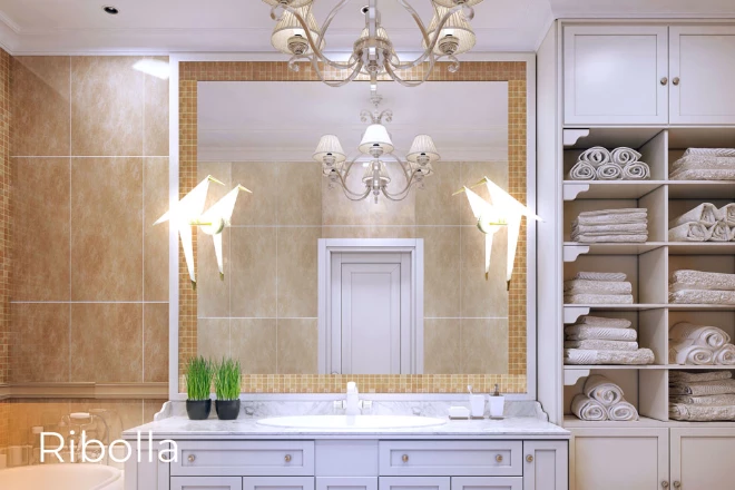 A led light up mirror in a bathroom and a ribolla lamp above a single white sink from Sharjah.