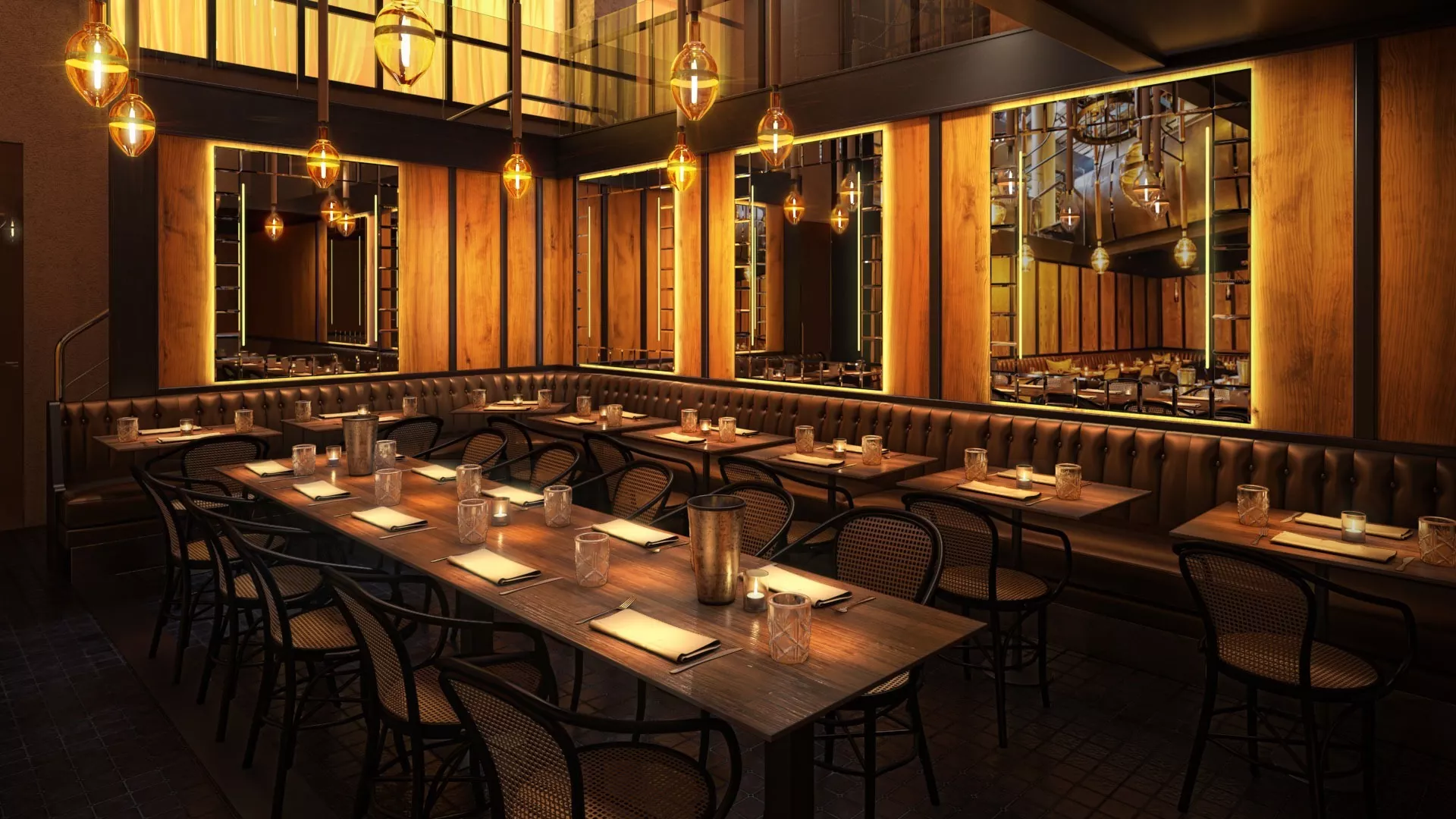 A log cabin with four wall lighted mirrors arranged on a wooden wall and a long table from Riyadh.