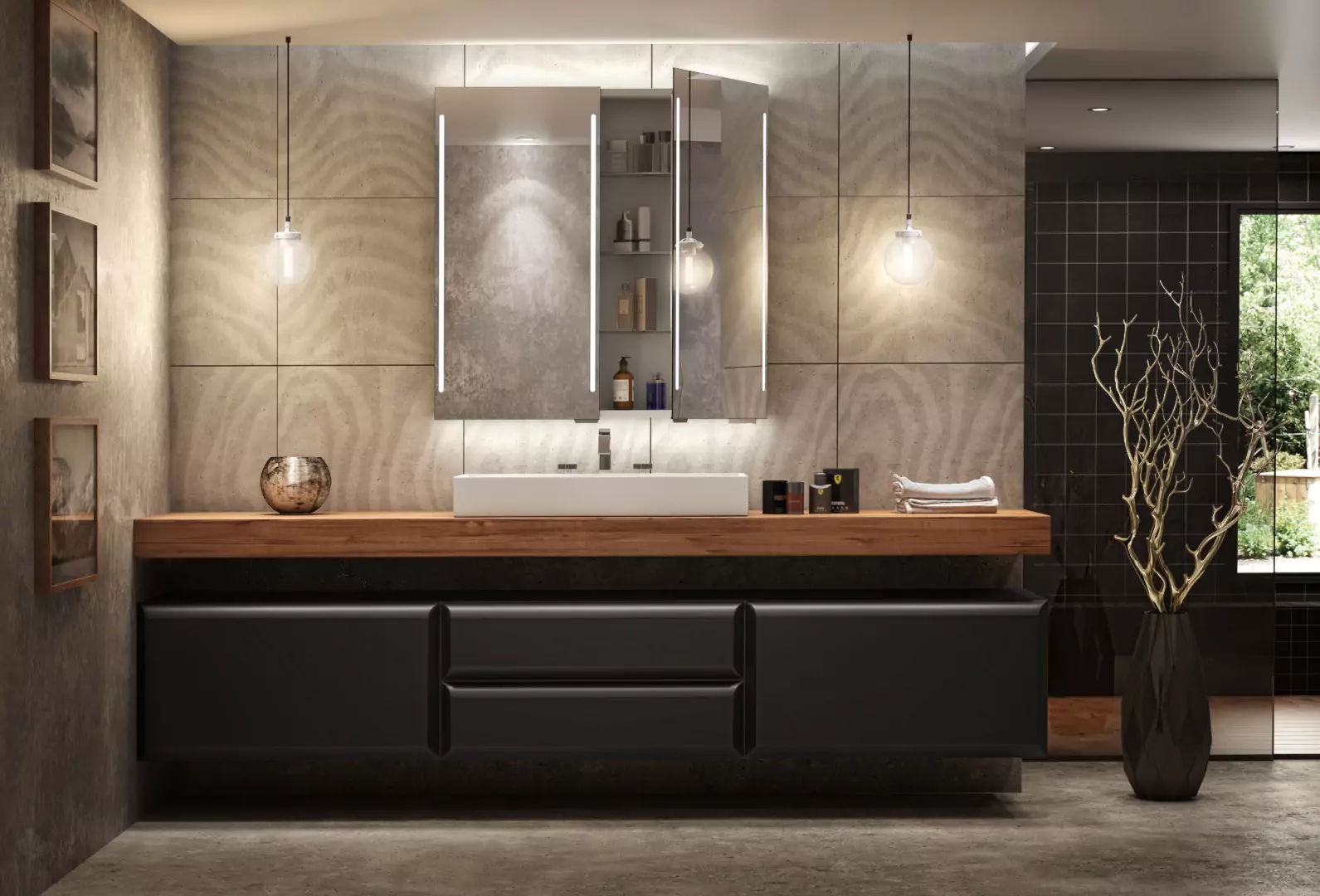 Two Amsterdam pendant lamp in either side of a wall-mounted lighted Cabinet mirror in a restroom.