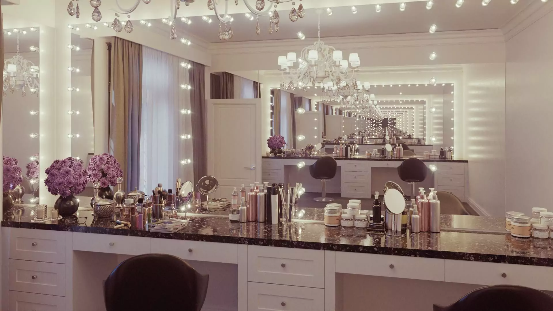 A makeup kit and a huge Hollywood mirror rest on a countertop cabinet from Riyadh.