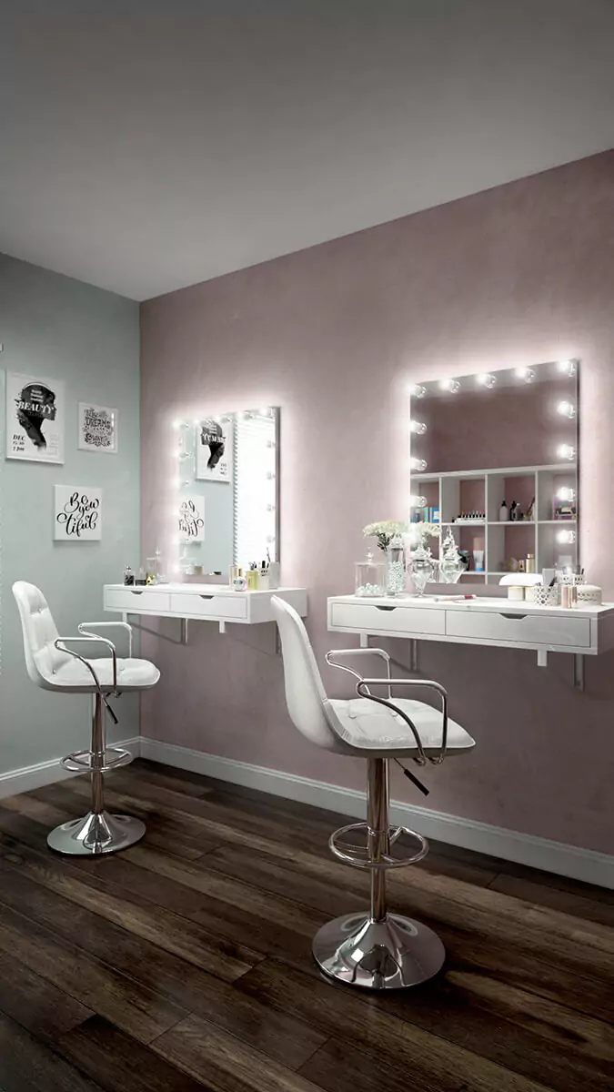 Classy room with two lighted Hollywood mirror with high chairs from Saudi Arabia.