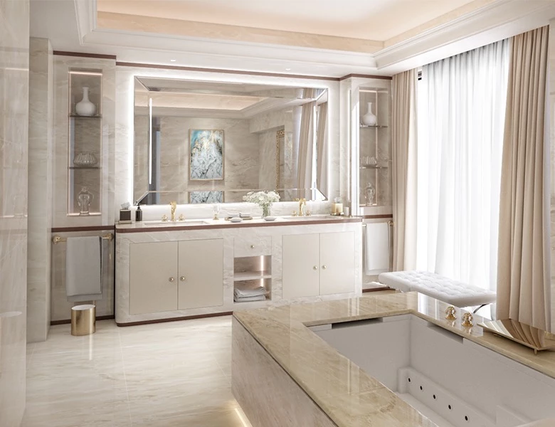 Beautiful bathtub and wall lighted mirror in an opulent bathroom from Saudi Arabia.