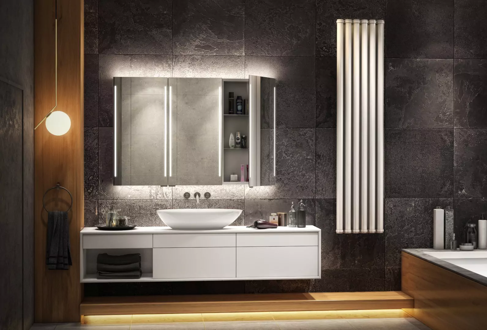 Alluring three-way cabinet and illuminated mirror with comfort radiator and white basin.