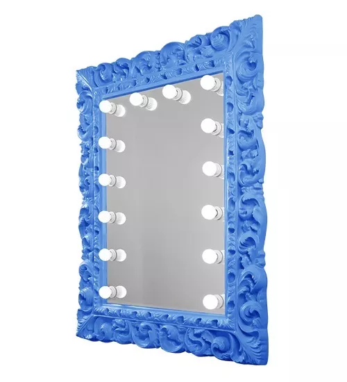 Sharjah blue baroque framed mirror with lighted bulbs around in portrait orientation.