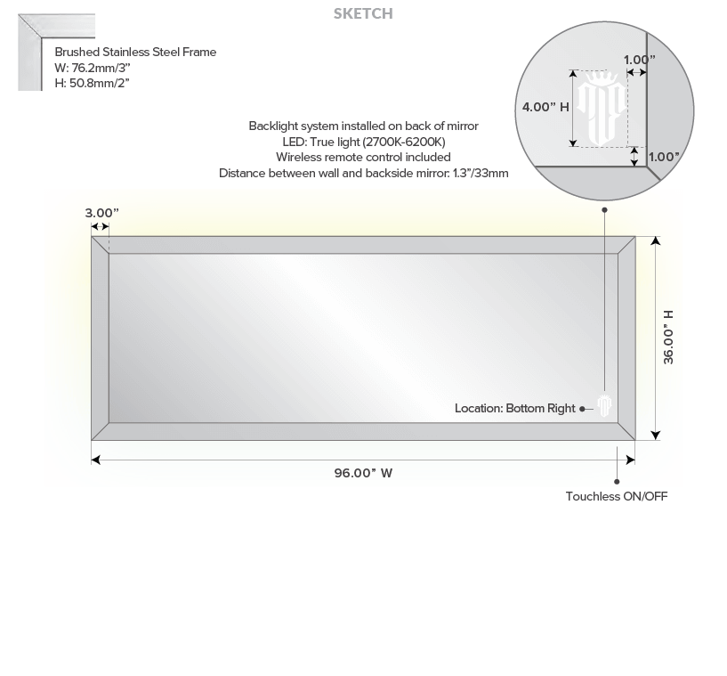 Sharjah ceiling mounted vanity mirror sizing with installed multicoloured backlights and a defogger.
