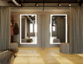 Preview of dressing room with brown cotton curtains and bespoke lighted mirrors in Sharjah.