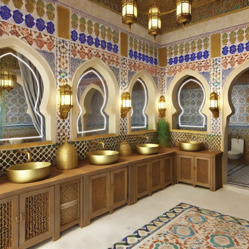 Bathroom with gold and blue tiles, complemented by stylish gold sinks and a lit mirror in Sharjah.