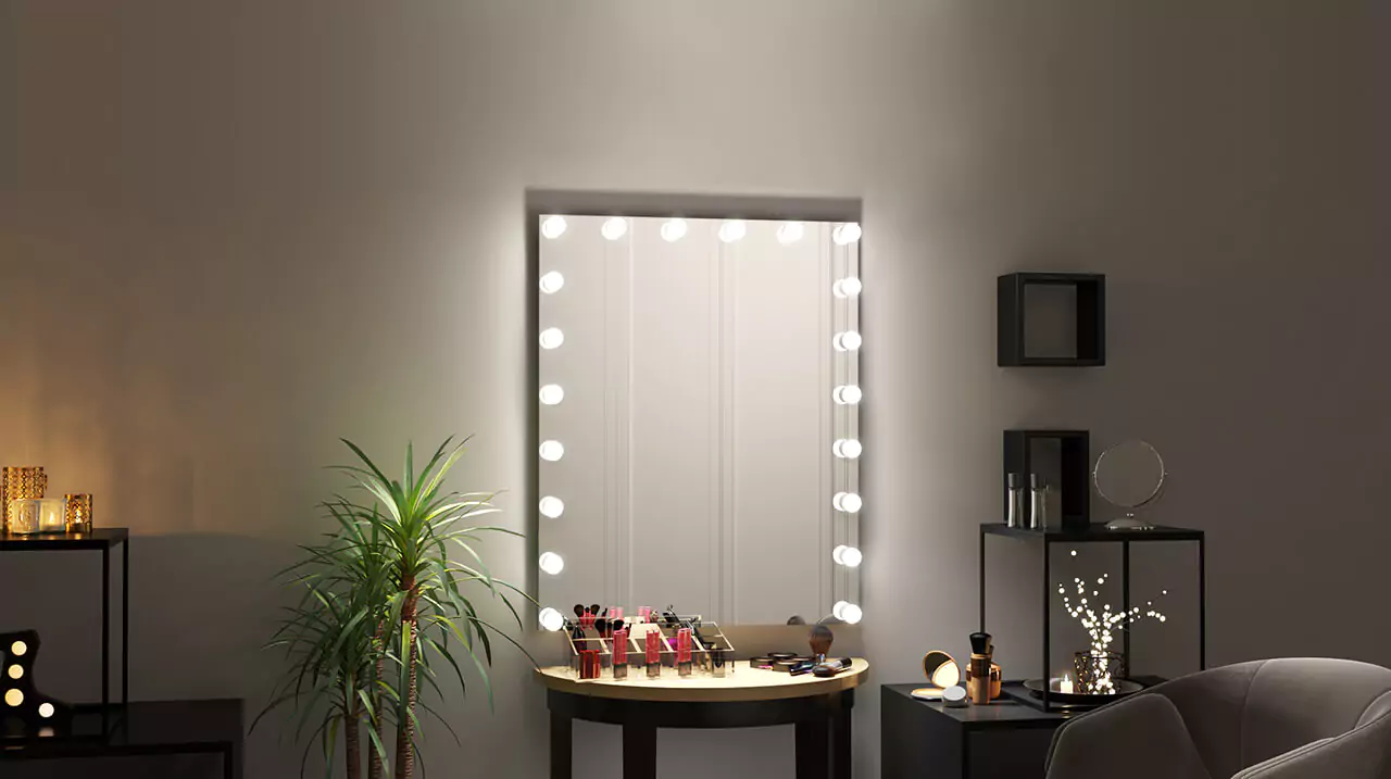 Wall mounted Hollywood mirror with vanity table accessories for makeup from Sharjah.