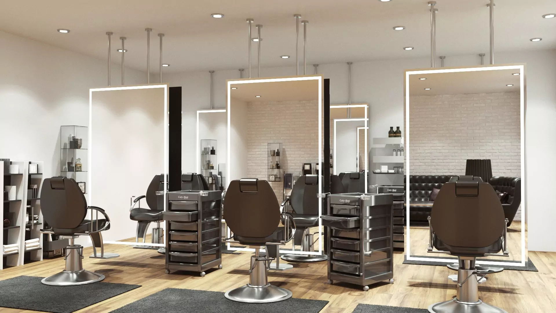 Sharjah elegant chairs and trolley carts set by large ceiling-mounted mirrors in a beauty salon.