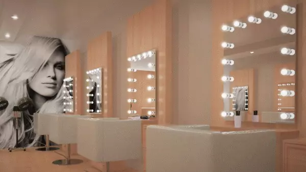 Tiny of an aesthetic salon with four bespoke Hollywood mirrors and cozy seats from Bahrain.