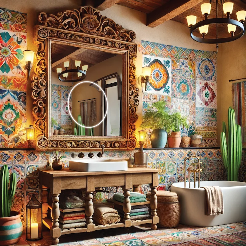 Vibrant bathroom with colorful tile walls and a lighted mirror reflecting the lively decor in UAE.