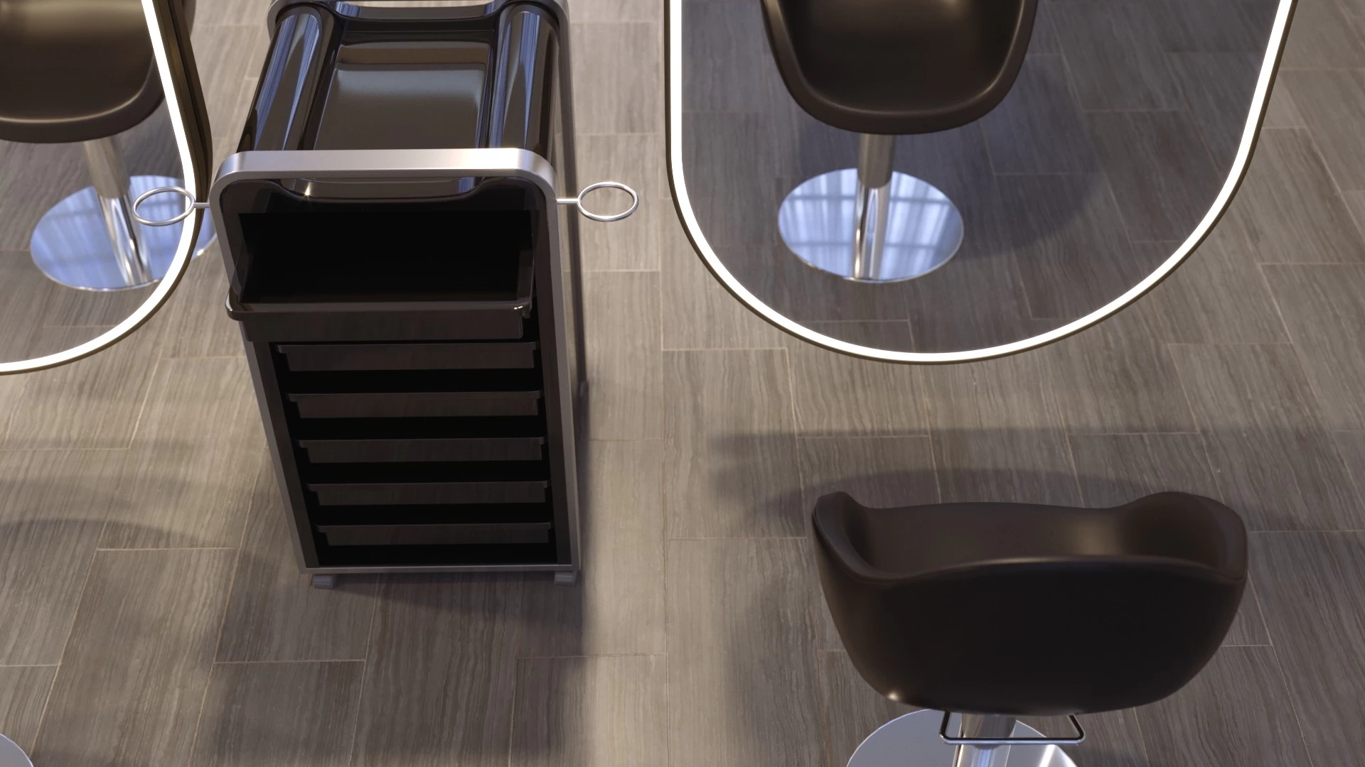Oval mirrors with LED light frames, black chairs, and a black drawer cart in United Arab Emirates.