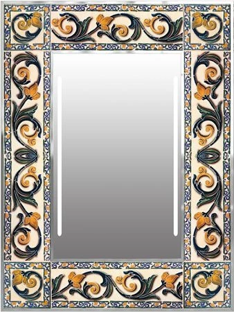Ornate ceramic pattern frame encasing a decoratively illuminated mirror from Saudi Arabia.